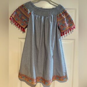 Savanna Jane embroidered tassel dress blue & white strip off shoulder boho sz s